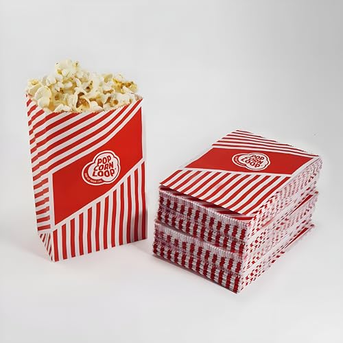 Popcornloop 100 er Popcorntüten Popcorn Box Tüten Candy Bar Tüte Hochzeit Papier Süßigkeiten Boxen für Party Papier Behälter Rot Weiß Beige Gestreift Snackbox Geschenk Kinder (Rot 100 Stück) von popcornloop