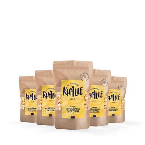 Popkornditorei Knalle GmbH Popkorn mit Butterkaramell Geschmack und Tahiti-Vanille - süß und knusprig - Kino Snacks » Popcorn besser als im Kino « Karamell Süßigkeit 5x 100 g von Popkornditorei Knalle