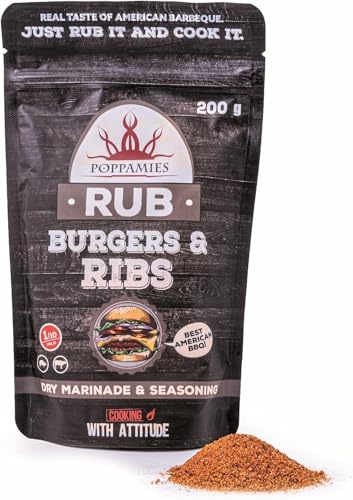 Poppamies Burger's & Ribs BBQ Rub - 100% natürliches BBQ-Gewürz - Trockene Marinade & perfektes Gewürz für Rind- und Schweinefleisch - Ideal für Grill - Bestes Barbecue - Große Packung (200g) von POPPAMIES