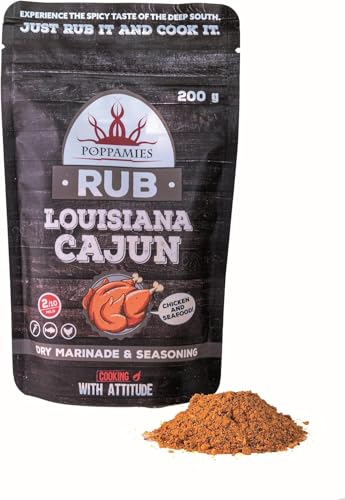 Poppamies Louisiana Cajun BBQ Rub - 100% natürliches BBQ-Gewürz - Trockene Marinade & Gewürze. Besonders geeignet für Huhn und Meeresfrüchte - Ideal für Grill, Ofen, Kochtopf - Große Packung (200g) von POPPAMIES