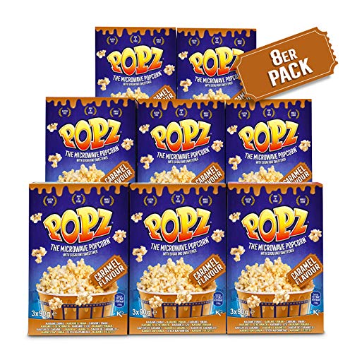Popz Caramel Popcorn 8er Pack (8 x 270 g) – Popcorn Mais für das perfekte Filmerlebnis zu Hause – Mikrowellenpopcorn mit leckerem Karamellgeschmack, 2.16 kg von Popz
