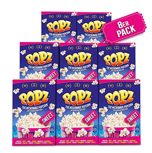 Popz Sweet Popcorn 8er Pack (8 x 270 g), Popcorn Mais für das perfekte Filmerlebnis zu Hause - Mikrowellenpopcorn mit leckerem süßen Geschmack, 2.16 kg von Popz
