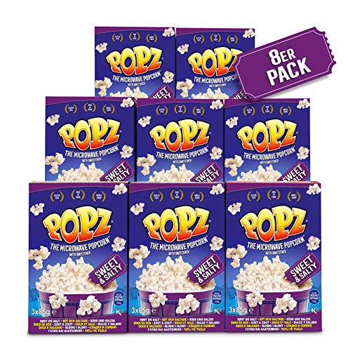 Popz Sweet & Salty Popcorn 8er Pack (8 x 255 g), Popcorn Mais für das perfekte Filmerlebnis zu Hause - Mikrowellenpopcorn mit leckerem salzig süßen Geschmack, 2.04 kg von Popz
