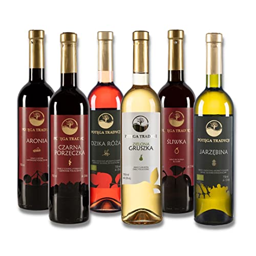 Premium-Weinpaket - 6 x 750 ml - halbsüß Aroniawein Rot, Birnenwein Weiß, Schwarzer Johannisbeerwein Rot; süß Wildrosenwein Rese, Vogelbeerwein Weiß, Pflaumenwein Bernsteinfarben von Potęga Tradycji