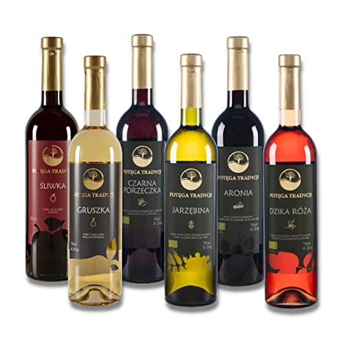 Premium-Weinpaket - 6 x 750 ml - süß Bio-Wildrosenwein Rosa, Bio-Vogelbeerwein Weiß, Bio-Johannisbeerwein Rot, Pflaumenwein Bernsteinfarben, trocken Bio-Aronia-Wein Rot, Birnenwein Weiß von Potęga Tradycji