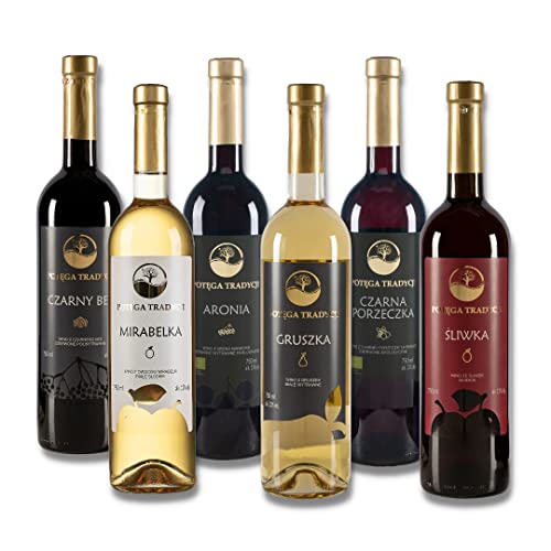 Premium-Weinpaket - 6 x 750 ml - trocken Bio-Aronia-Wein Rot, Birnenwein Weiß; halbtrocken Schwarzer Holunderwein Rot; süß Mirabellenwein Weiß, Bio-Johannisbeerwein Rot, Plumenwine Bernsteinfarben von Potęga Tradycji