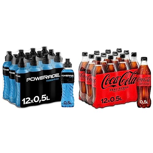 Powerade Sports Mountain Blast & Coca-Cola Zero Sugar - koffeinhaltiges Erfrischungsgetränk mit originalem Coca-Cola-Geschmack - null Zucker und ohne Kalorien (12 x 500 ml) von Powerade