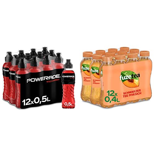 Powerade Sports Wild Cherry - isotonisches und kalorienarmes Sport Getränk (12 x 500 ml) & Fuze Tea Pfirsich - außergewöhnliche Fusion aus Schwarztee und fruchtigem Pfirsich-Geschmack (12 x 400 ml) von Powerade