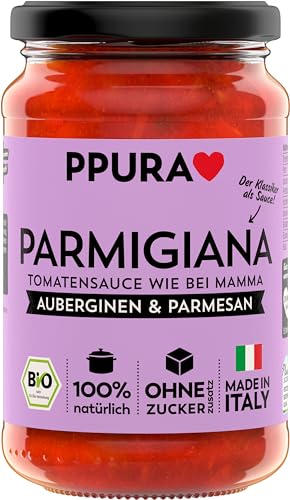 PPURA Tomatensauce Parmigiana 340g – Bio Tomatensoße mit Auberginen & Parmesan, Pasta Sauce mit 100% natürlichen Zutaten, ohne Zucker & Zusatzstoffe, traditionell hergestellt – Made in Italy von PPURA
