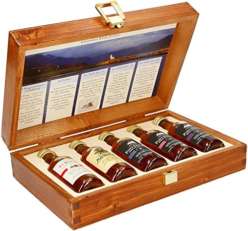 Pràban na Linne Whisky Probier- und Geschenkset, 5 x 50 ml in hochwertiger Holzkiste | Té Bheag, MacNaMara, Poit Dhubh 8, 12, 21 |Probierset von The Wine Guys