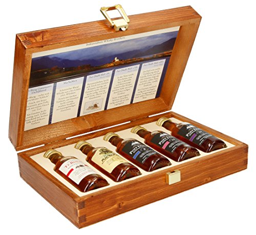 The Wine Guys Pràban na Linne Whisky Probier- und Geschenkset, 5 x 50 ml in hochwertiger Holzkiste | Té Bheag, MacNaMara, Poit Dhubh 8, 12, 21 |Probierset von The Wine Guys