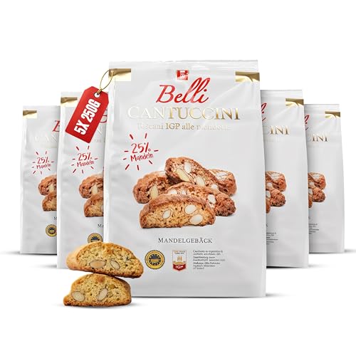 Belli Cantuccini 5er Pack alle mandorle (5x 250g) | Mandelgebäck aus Italien | Keks mit Mandeln | insgesamt 1250g Gebäckstücke von Belli