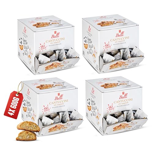 Belli Cantuccini alle mandorle 4er Pack (4x 600g) | 60x Kekse pro Box | Gebäck mit Mandeln aus Italien | einzeln verpackte Kekse in einer praktischen Box von Belli