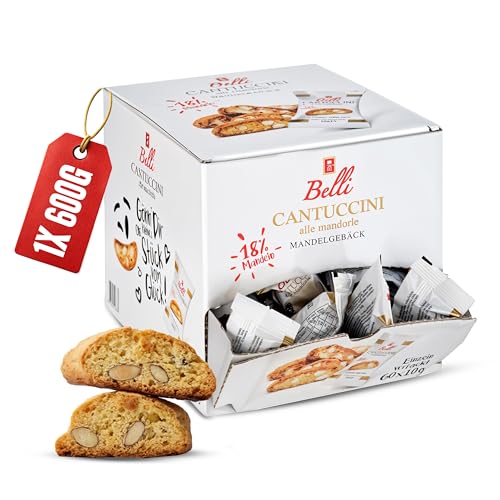 Belli Cantuccini alle mandorle (1x 600g) | 60x Kekse pro Box | Gebäck mit Mandeln aus Italien | einzeln verpackte Kekse in einer praktischen Box von Belli