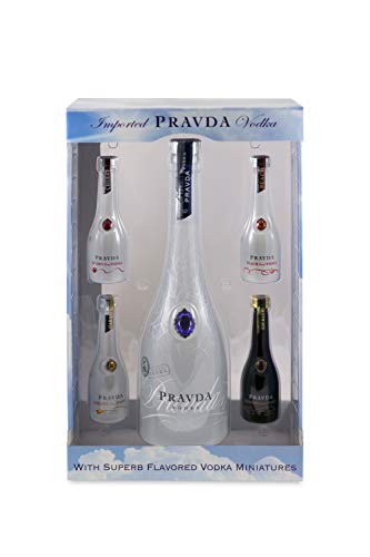 Pravda Wodka Geschenkset mit 4 verschiedenen flavored Miniaturen zum verschenken und sammeln (1 x 0.7 l + 4 x 0.05 l) von Prawda