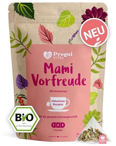 PregniVital® - Mami Vorfreude - BIO Schwangerschaftstee 1. 2. 3. Trimester - Hebammen-Kräuter für die gesamte Schwangerschaft - auch perfekt als Schwangerschafts-Geschenk - 15 Teebeutel von PregniVital