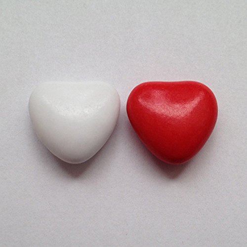Schokoherzen weiß-rot 1 kg (ca. 500-550 St.) - Gastgeschenke Hochzeit Bonboniere Candy Bar Give Aways - Herzdragees Schokolinsen Herz Schokodragees Schokoladenherzen - Alternative zu Hochzeitsmandeln von Premium Weddings