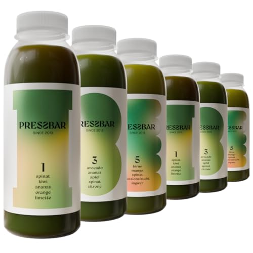 PRESSBAR Saftkur GREEN 7 Tage | 42 grüne Säfte (330ml) kaltgepresst | Fastenkur | iPhone und Android App und Booklet zur Begleitung der Kur | Aus 100% Obst & Gemüse | inkl. 10,50€ Pfand von Pressbar