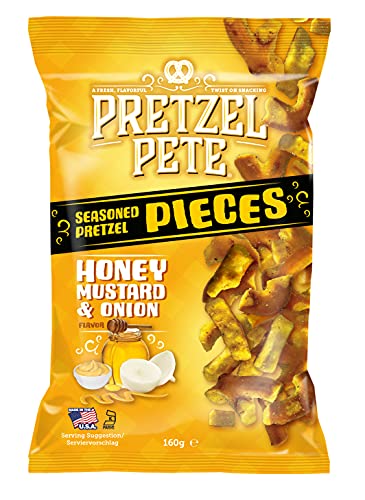 Pretzel Pete Pretzel Pieces - Honey Mustard und Onion, Leckeres Bretzelgebäck – Salziger Knabberspaß - (8x160g) von Pretzel Pete