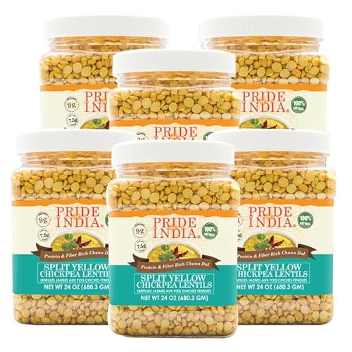 Pride Of India 6 Stück – Indische gespaltene gelbe Kichererbsenlinsen – protein- und faserreicher Chana Dal, 0,7 kg Glas von Pride Of India