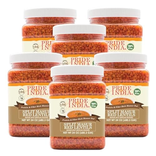 Pride Of India 6 Stück – indische rote Linsen mit geteiltem Masur – Protein- und faserreicher Masoor Dal, 0,7 kg Glas von Pride Of India