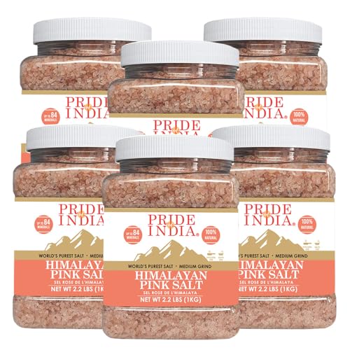 Pride Of India - 6 Stück – reines Himalaya-Salz – angereichert mit 84+ natürlichen Mineralien, mittelgroßes Mahlgrad, 1 kg Glas – Himalaya-Salz, rosa Himalaya-Salz, rosa Himalaya-Salz, Mahlsalz von Pride Of India