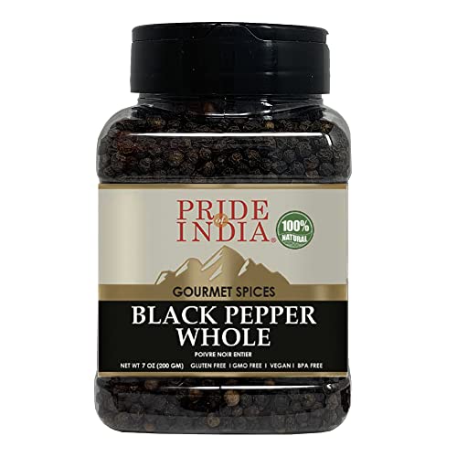 Pride Of India Schwarzer Pfeffer Ganze - 8 Unzen (227 g) Große Doppel Sifting Jar - Vegan Whole Spice - Grown in Indien - Authentic Indian Aroma- (schwarz Pfefferkorn Jahr-Vegan ganze Gewürze) von Pride Of India