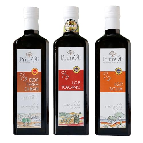 PrimOli Kaltgepresstes Olivenöl - 3er Probierset - Sorten: D.O.P. TERRA DI BARI, I.G.P. SICILIA & I.G.P. TOSCANO - Extra Natives Olivenöl aus Italien - Fruchtig - Traditionelle Herstellung - 3x500ml von PrimOli