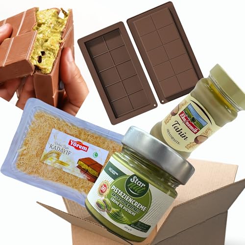 5-Set Dubai Schokolade zum Selbermachen - Pistaziencreme - gerösteter Kadayif - 2 Schokoladenform + Sesampaste 300g von Prime Chocolate