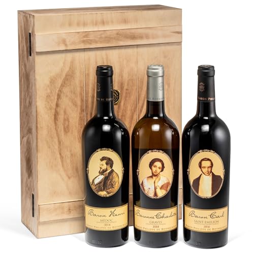 Baron Philippe de Rothschild - Wein Geschenk-Set 'Barons et Baronne' - wertvoller Bordeaux in edler Vintage-Holzkiste (3 x 0,75 l) - Luxusgeschenk für Kenner und Genießer von Prime Presents