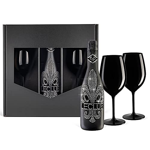 Das Sekt Geschenkset BLING!| LECLUB DIAMOND black- trocken (0,75 l) mit 2 Champagnergläser aus Kristallglas schwarz von Prime Presents