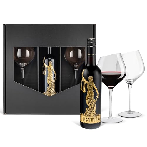 Rotwein Geschenkset: Justitia Merlot trocken Italien (0,75 l) mit 2 Wertmann-living Rotweingläsern von Prime Presents