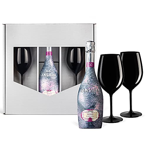 Sansibar Rosé Spumante (0,75 l) Geschenk-Set inkl. 2 Champagner-Kelchen aus Kristallglas schwarz/Luxus Ice Rose von Prime Presents
