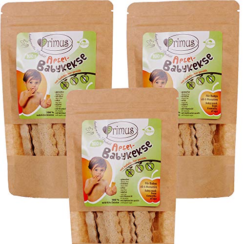 Primus Handgemachte Baby-Kekse mit Apfel-Geschmack, 3x 100 g Dreierpack, speziell für Babys ab 6 Monate abgestimmt, glutenfrei und vegan von Primus