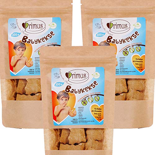 Primus Handgemachte Baby-Kekse mit Kokosblütenzucker gesüßt, 3x 100 g Dreierpack, speziell für Babys ab 6 Monate abgestimmt, glutenfrei und vegan von Primus