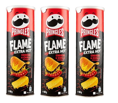 3x Pringles Flame Extra Hot Cheese & Chilli Snack Salato al gusto di Formaggio Piccante Salziger Snack mit würzigem Käsegeschmack 160g von Pringles