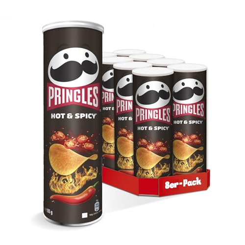 Pringles Hot & Spicy (8 x 185 g) – der unwiderstehliche Snack-Klassiker in der praktischen Dose – extra scharfe Chips mit Hot-Paprika-Geschmack – Pop. Play. Eat. von Pringles