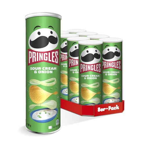 Pringles Sour Cream & Onion (8 x 185 g) – der unwiderstehliche Snack-Klassiker in der praktischen Dose – knackige Chips mit Sour Cream- und Zwiebel-Geschmack – Pop. Play. Eat. von Pringles