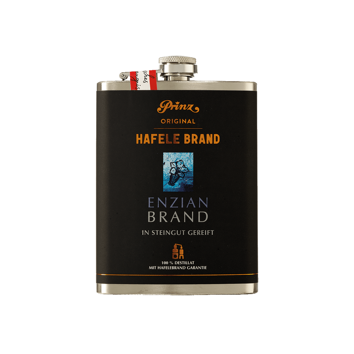 Edelstahl-Flachmann Hafele Enzian Brand 45 % vol Edelstahl-Flachmann Hafele Enzian Brand 45 % vol von Prinz Schnaps Feinbrennerei