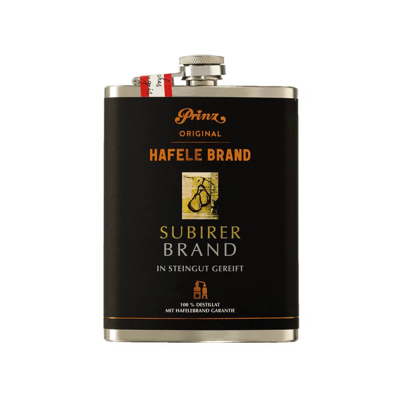 Edelstahl-Flachmann Hafele Saubirer 43% vol von Prinz Schnaps Feinbrennerei