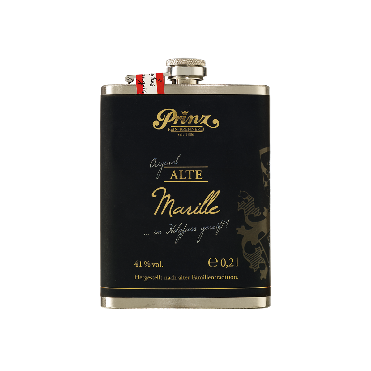 Edelstahl-Flachmann mit Alter Marille 41 % vol Edelstahl-Flachmann mit Alter Marille 41 % vol von Prinz Schnaps Feinbrennerei