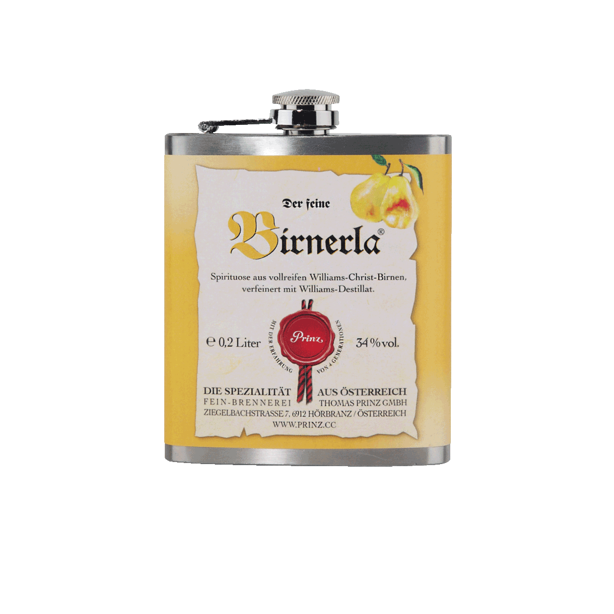Edelstahl-Flachmann mit Birnerla 34 % vol. Edelstahl-Flachmann mit Birnerla 34 % vol. von Prinz Schnaps Feinbrennerei