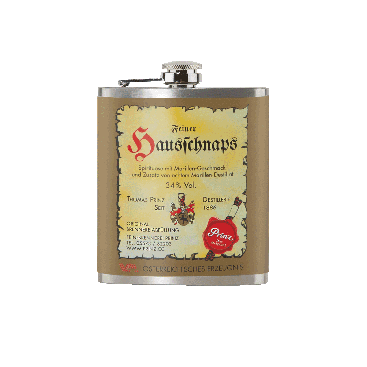 Edelstahl-Flachmann mit Hausschnaps Marille 34 % vol. Edelstahl-Flachmann mit Hausschnaps Marille 34 % vol. von Prinz Schnaps Feinbrennerei