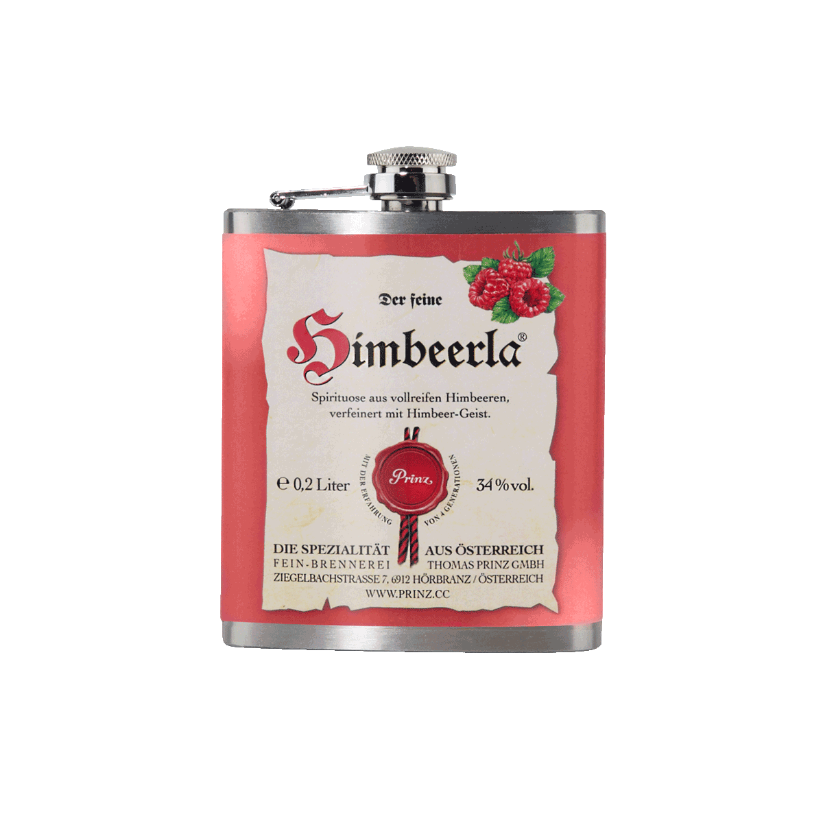 Edelstahl-Flachmann mit Himbeerla 34 % vol. Edelstahl-Flachmann mit Himbeerla 34 % vol. von Prinz Schnaps Feinbrennerei