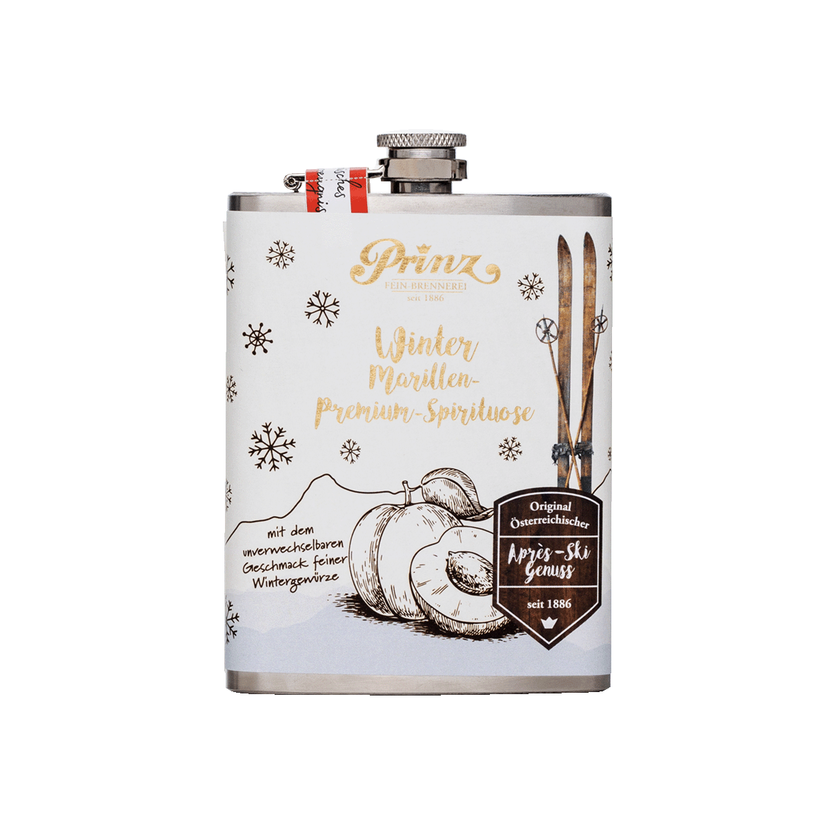 Edelstahl-Flachmann mit Winter Marille Schnaps 40 % vol. Edelstahl-Flachmann mit Winter Marille Schnaps 40 % vol. von Prinz Schnaps Feinbrennerei