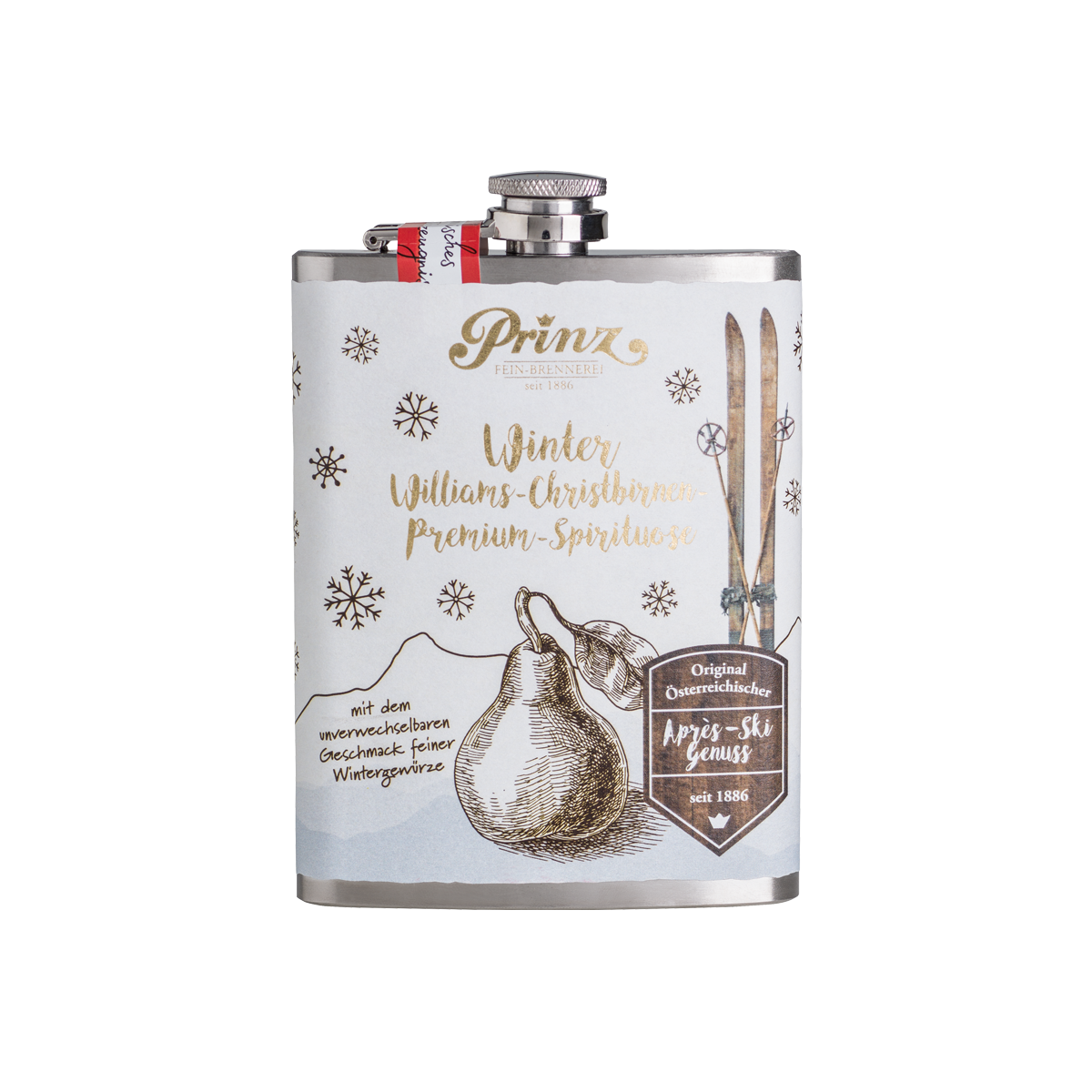 Edelstahl-Flachmann mit Winter Williams Birne 34% vol Edelstahl-Flachmann mit Winter Williams Birne 34% vol von Prinz Schnaps Feinbrennerei