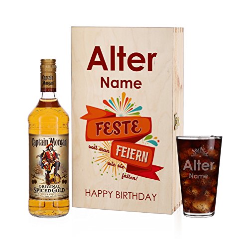 Herz & Heim® Captain Morgan Geschenkset zum Geburtstag mit Namensgravur auf dem Longdrinkglas von Herz & Heim