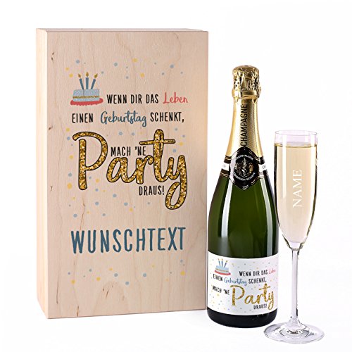 Herz & Heim® Champagner Geschenkset Grand Plaisir Tradition Réserve mit graviertem Sektglas in edler Holzverpackung von Herz & Heim