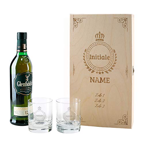 Herz & Heim® Glenfiddich Whisky Geschenkset mit Gratis Gravur 2er Whiskey Gläser in gravierter Holzkiste Monogramm von Herz & Heim