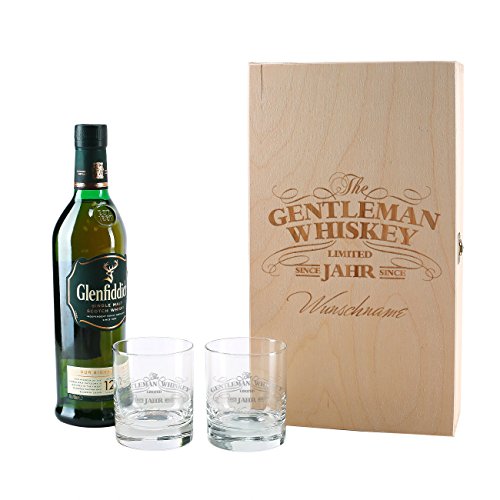 Herz & Heim® Glenfiddich Whisky Geschenkset mit Gratis Gravur 2er Whiskey Gläser in gravierter Holzkiste Gentleman von Herz & Heim